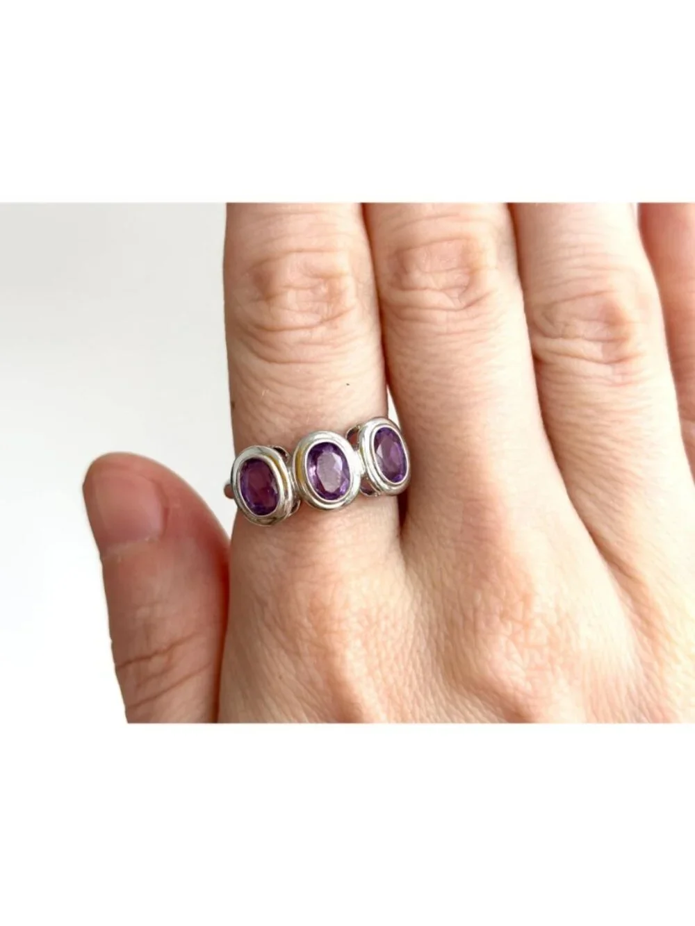 Triple Amethyst Gemstone Minimalist Sterling Silver 925 Vintage Ring - sz 8
